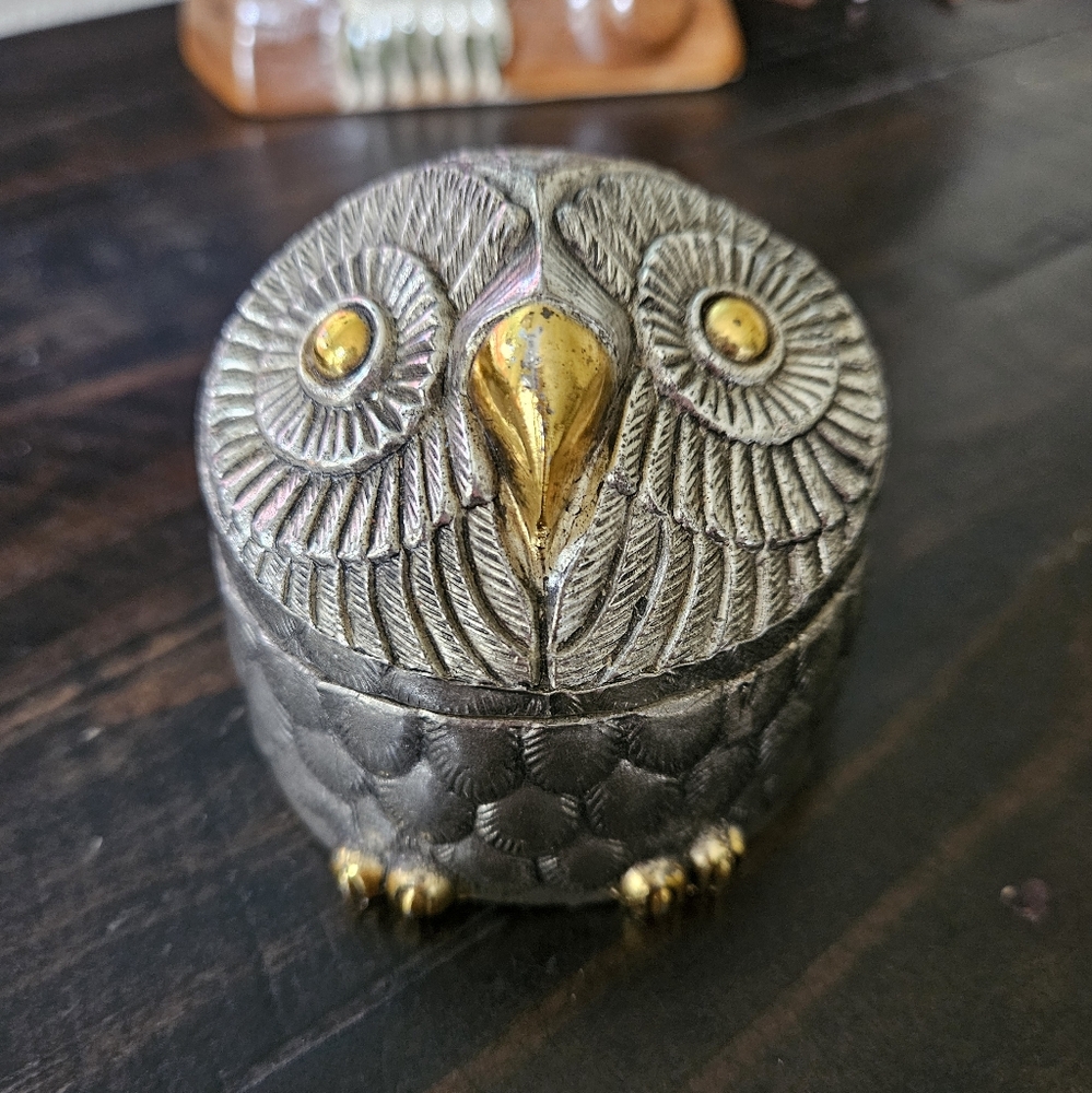Vintage Novelty Silver/Gold Owl Mini Jewelry Box